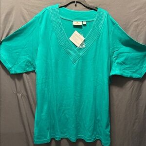 Quaker factory Turquoise Short Sleeve V-Neck Top NWOT